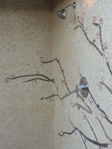 ojai mosaic, outdoor shower, rose quartz mosaic