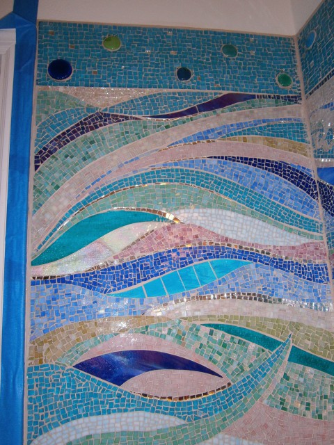 hand cut bathroom glass mosaic, ocean themed mosaic