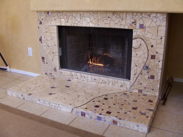 mosaic fireplace, tile work, mosaic art