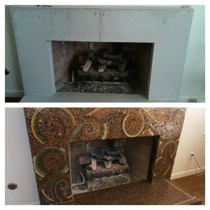 mosaic before and after, mosaic fieplace art